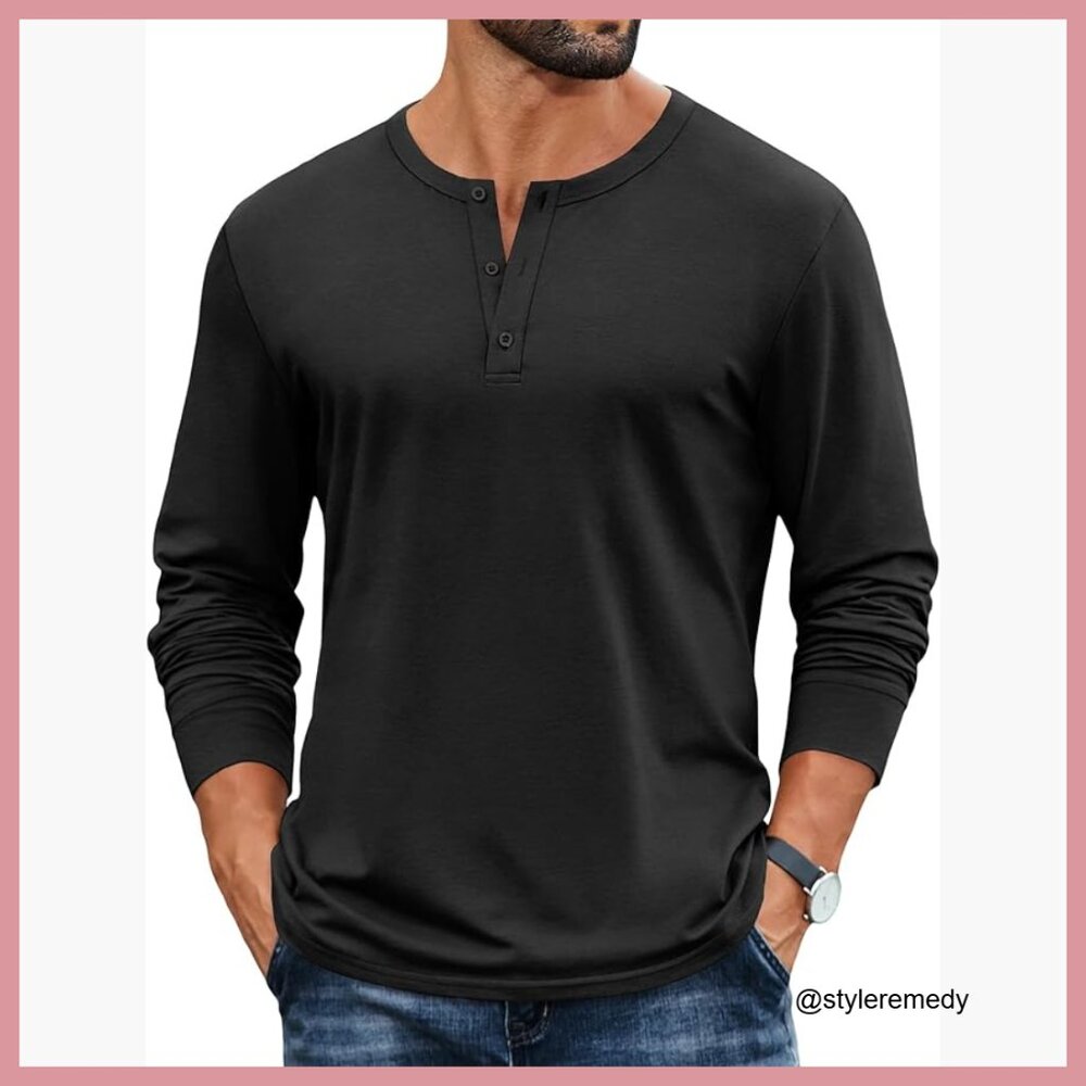 Cotton Long Sleeve Henley Shirt V Neck Button Casual Pullover Tee
